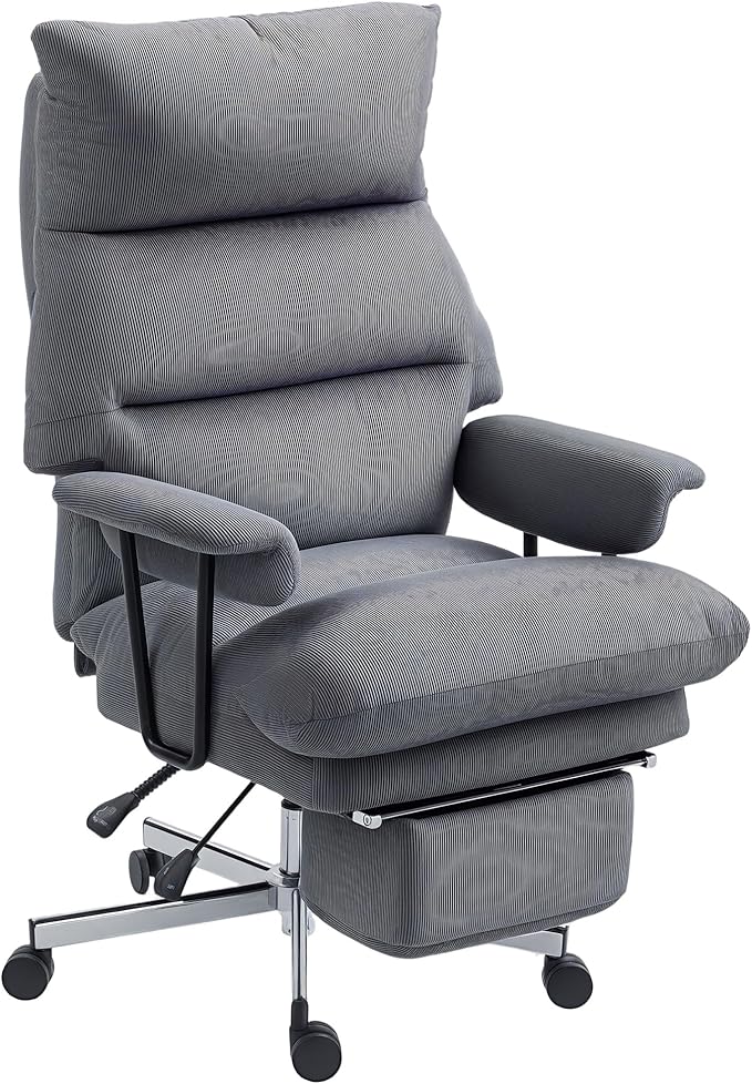 HOMCOM Large Overstuffed Office Chair with Lumbar Support, High Back Reclining Executive Corduroy Computer Desk Chair with Footrest, Swivel Wheels, Gray