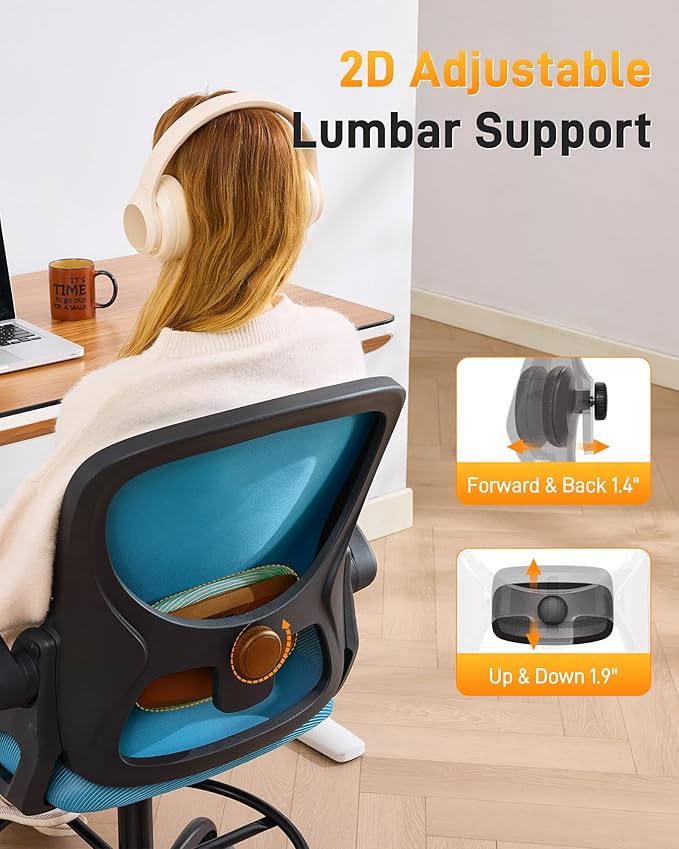 LukkDys Drafting Chair with 4D Multi-Adjustable Backrest, Tall Office Chair 19.7"-27.6" Seat Height, Ergonomic Standing Desk Chair with Flip-up Arms, Foot Ring, Blue&Black