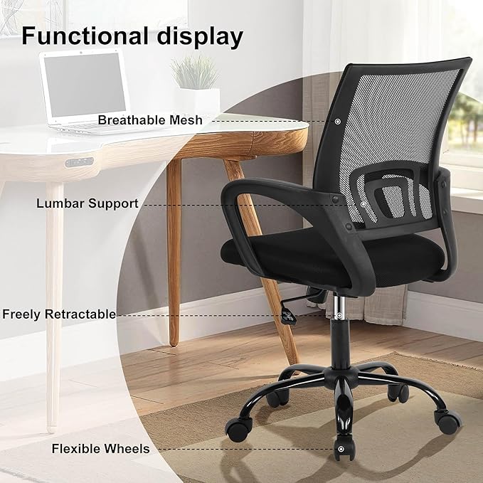 Computer Desk Chair,Work Chairs for Home Office,Ergonomic Office Chair with Lumbar Support,Mesh Office Chair with Arm and Wide Comfortable Seat,Adjustable Rolling Office Chair,Black