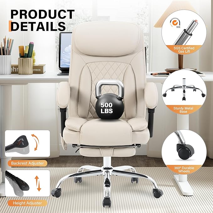 500LBS Massage Office Chair, 6 Points Vibration & Heat Executive Office Chairs, 135°Reclining Comfy Desk Chair with Foot Rest, Wider & Thicker Seat Cushion, PU Leather Big and Tall Gaming Chair, Beige