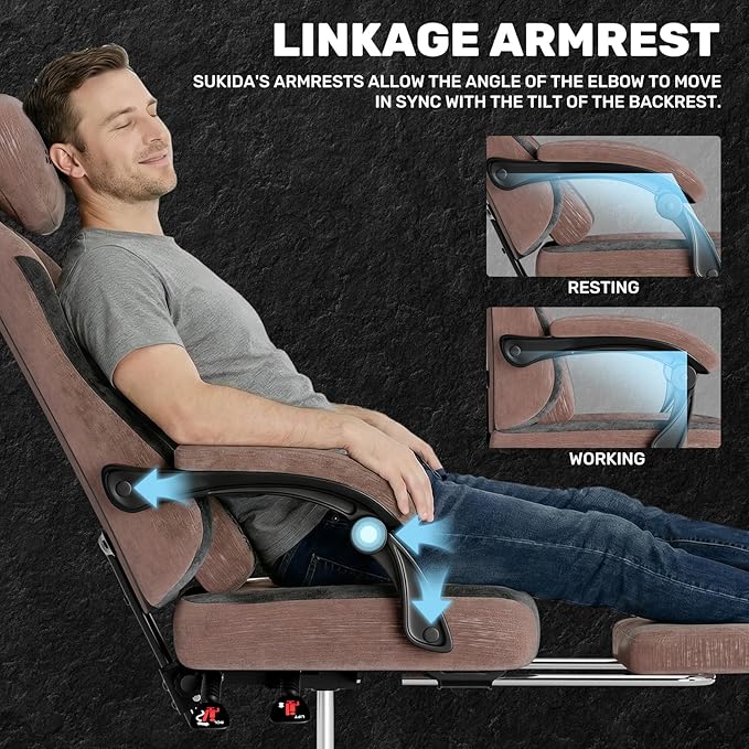 SUKIDA Fabric Video Gaming Chair, Ergonomic High-Back Computer Game Chairs with Large Massage Adjustable Lumbar Support, Headrest and Linked Armrests for Long Hours Sitting Task Chair, Brown