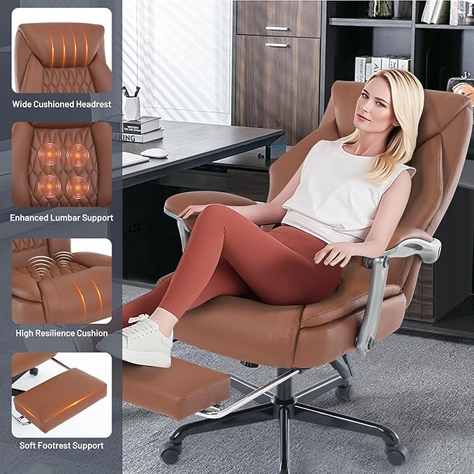 Massage Office Chair with Heat & Foot Rest, 6 Points Vibration, Ergonomic Executive Reclining Desk Chair, PU Leather Padded Seat for Home Office Comfort