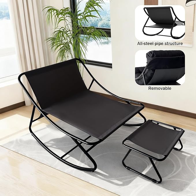 Outdoor Rocking Chair, Rocking Chair with Foot Rest, Comfy Rocker Chairs with Thick Cushion and Frame, Mecedora for Balcony, Living Room, Patio (Black.)