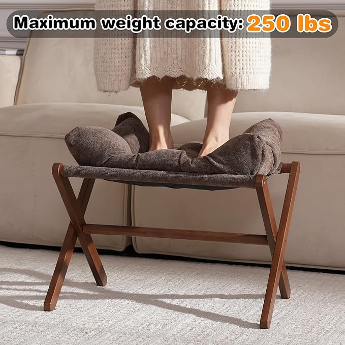 Baveke Ottoman Foot Rest- Bamboo Folding Stool, Foot Stools Small Ottman with Upholstered & X Legs, Foldable Stool for Makeup, Bedroom and Living Room (Large Brown)
