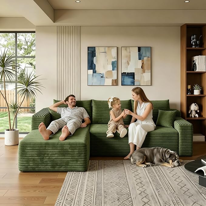 94" Green Boneless Couch with Left Facing Chaise for Living Room,Corduroy L-Shaped Sectional Couches,Compressed Memory Foam Cloud Sofa,No Assembly Required,Green