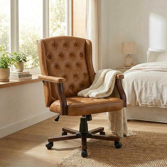 Executive Office Chair, Ergonomic Faux Leather Desk Chair with Wingback Design, Swivel Adjustable Home Office Chair for Computer Desk, Comfortable Task Chair for Home Office, Brown