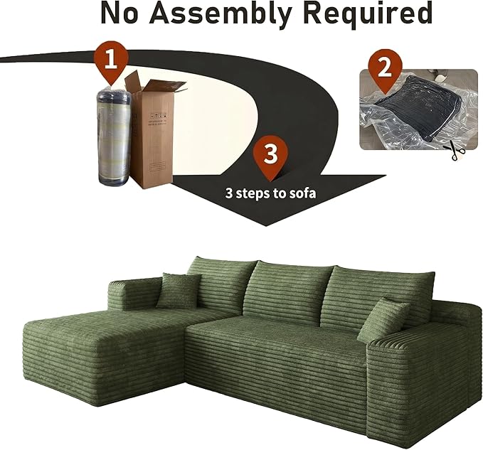 94" Green Boneless Couch with Left Facing Chaise for Living Room,Corduroy L-Shaped Sectional Couches,Compressed Memory Foam Cloud Sofa,No Assembly Required,Green