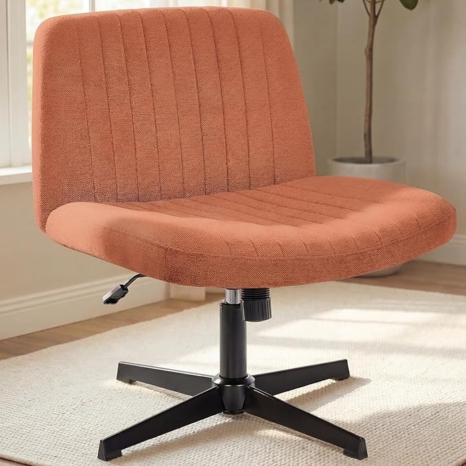 NEO CHAIR Criss Cross Chair No Wheels Armless Cross Legged Office Desk Wide Comfy Vanity Makeup Chair Adjustable Computer Task for Home Office Fabric (Brown)
