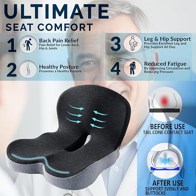 Memory Foam Seat Cushion for Truck Drivers Car Seat & Office Chairs Ergonomic Chair Cushion for Back Pain, Sciatica & Tailbone Relief – Non-Slip Cover, Long Sitting Support & Driving (Gray)