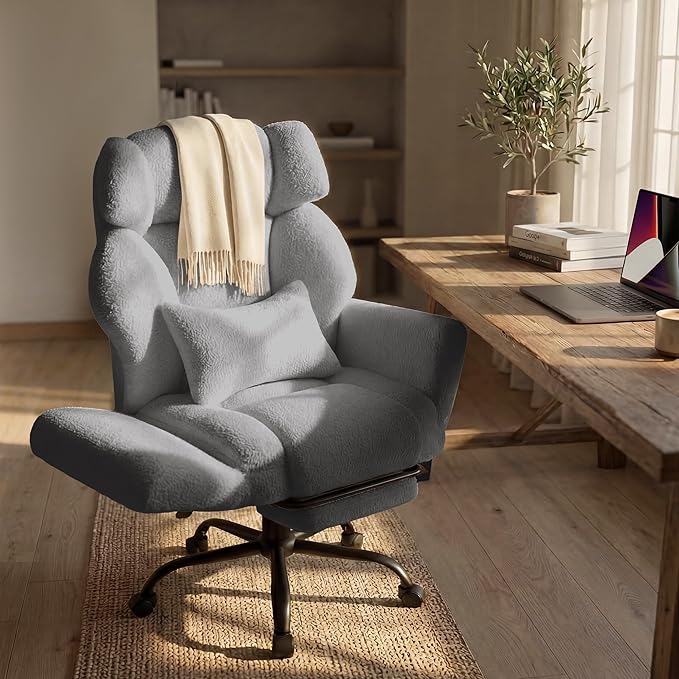 Office Chair with Flip Armrests,Big and Tall Office Chair with Foot Rest,Extra Wide Seat & Lumbar Pillow,Ergonomic Computer Gaming Chair,Comfy Criss Cross Chair for Pets Sitting,Teddy Fleece,Grey