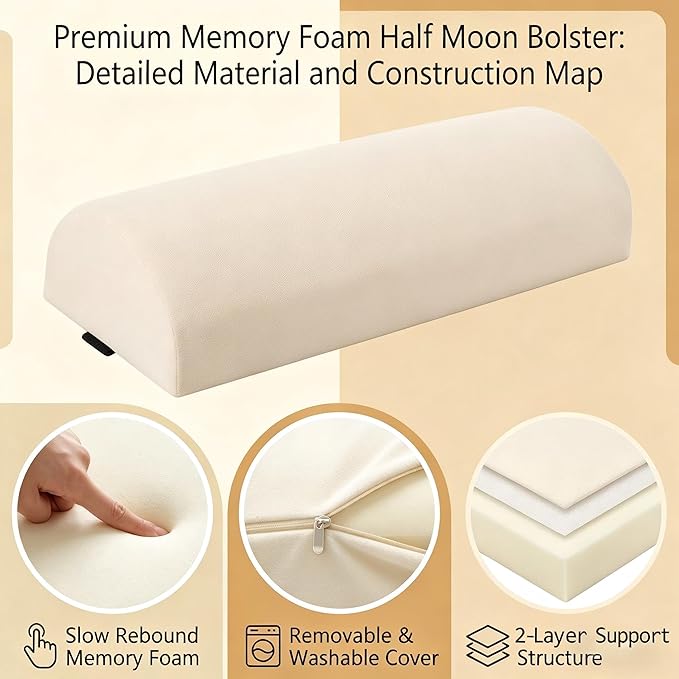 Under Knee Pillow, Half Moon Leg Pillow - Memory Foam Ergonomic Support Pillow for Side & Back Sleepers, Pain Relief & Alignment, Under Knee, Lumbar & Multi-Use Bolster Beige