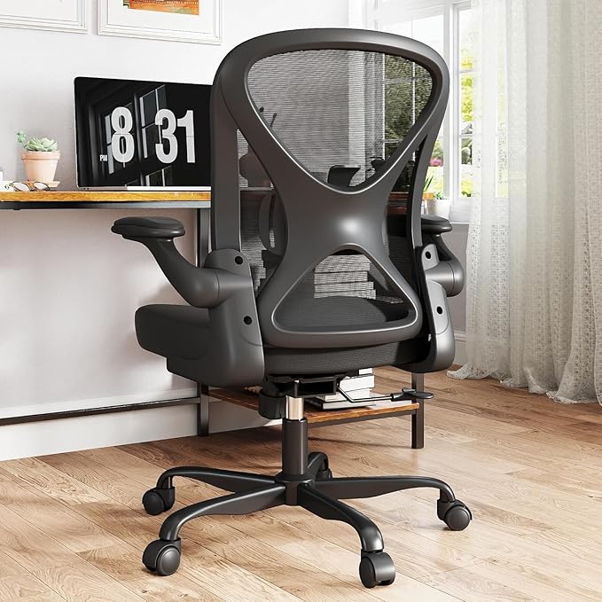 Ergonomic Mesh Office Chair, Computer Chair with Flip-Up Armrests, Adjustable Lumbar Support, Height Adjustable, Smooth Casters, and 360° Swivel, 6PC, Black