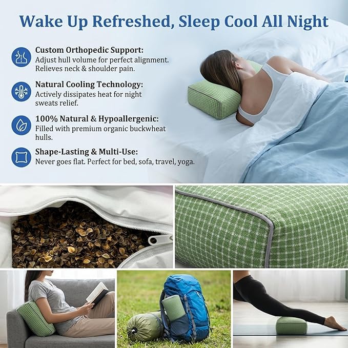 Adjustable Buckwheat Hull Pillow for Neck Pain Relief (21x8x4) Natural Cooling Cervical Support Camping Pillow for Side & Back Sleepers with Night Sweats (xiaoge Green)