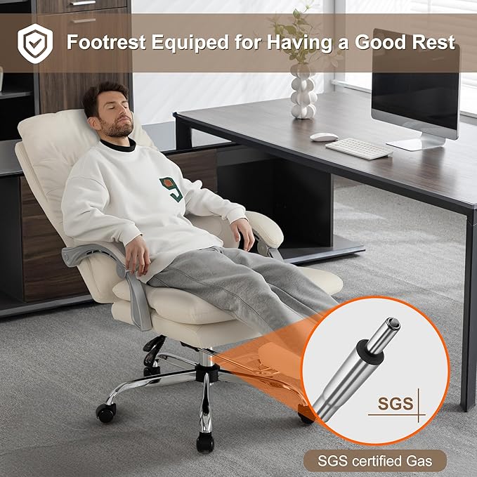 Kneading Massage Executive Office Chair with Heated,90-135° Reclining Chair with Footrest, Ergonomic Desk Chairs (Creamy White with External Massager)