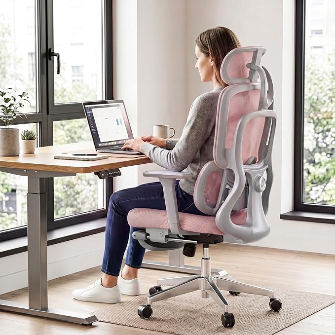 Ergonomic Office Chair with Footrest, 4D Armrests & Dynamic Lumbar Support, High Back Mesh Desk Chair with Adjustable Headrest, Reclining Computer Chair 380lbs for Long Hours (Pink)