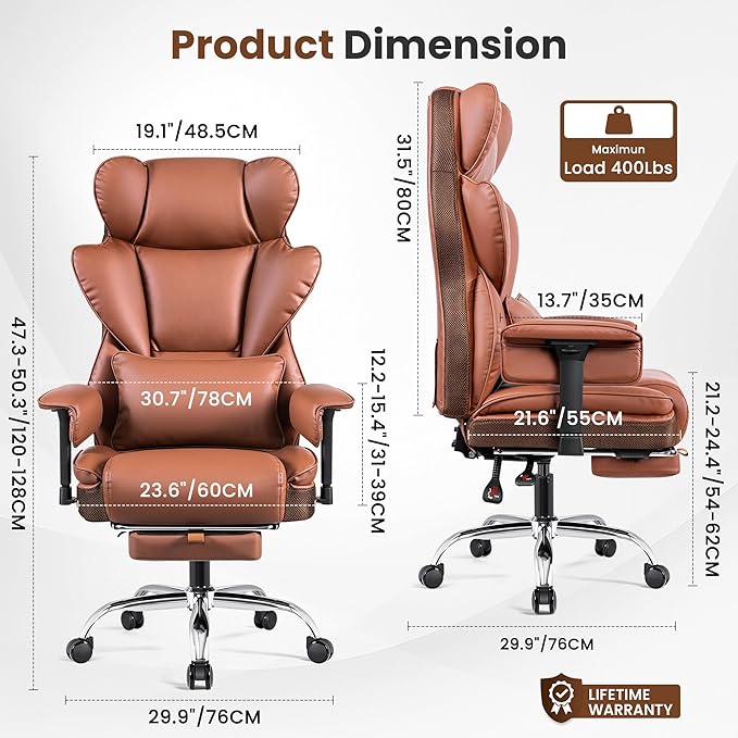 BESTFAIR Big and Tall Office Chair for Heavy People - 400 LBS Capacity Executive Chair with High Back & Footrest, Ergonomic Wide Padded Leather Seat Computer Gaming Chair, Terracotta Brown