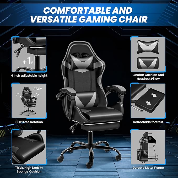 Gaming Chair, Ergonomic Computer Chair with Footrest and Lumbar Support, Height Adjustable Office Chair with 360° Swivel Seat and Headrest
