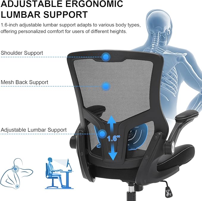 Office Chair, Ergonomic Desk Chair with Adjustable Lumbar Support, Breathable Mesh Computer Chair with Flip-up Armrests, 350lbs Comfy Swivel Task Chairs for Home Office, Black