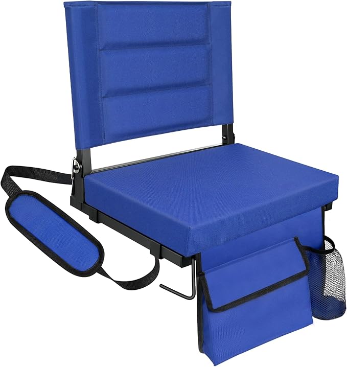 Stadium Seats with Back Support,Bleacher Chairs with Cushion, Portable Folding Stadium Chair with Removable Cushion and Large Pocket for School Events Sports Game(Blue)