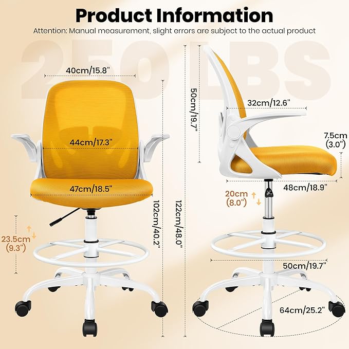 Primy Drafting Chair Tall Office Chair with Flip-up Armrests Executive Ergonomic Computer Standing Desk Chair with Lumbar Support and Adjustable Footrest Ring (Mustard)