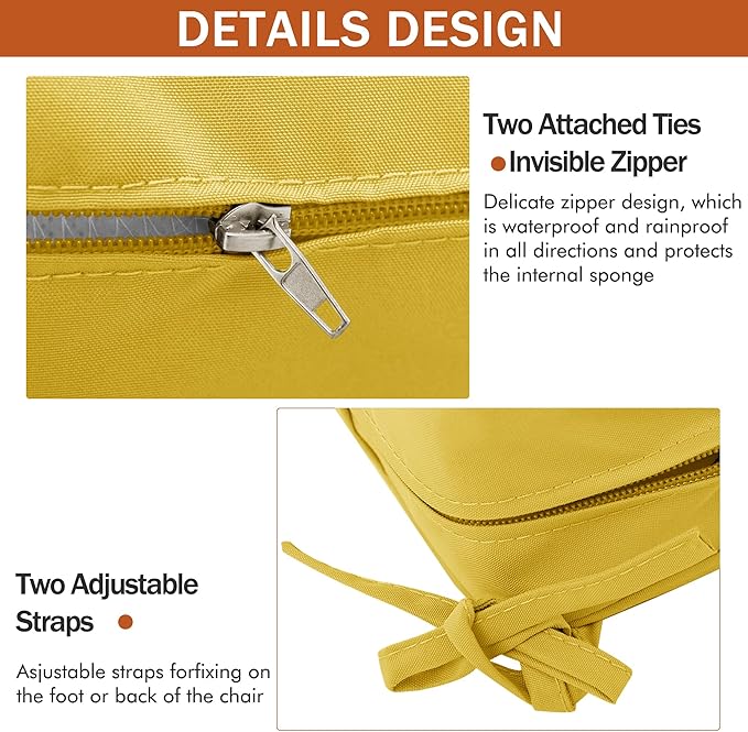 Outdoor Chair Cushions 19 x 19 Inch, Set of 4, Water Resistant Patio Chair Cushions with Tie Color Fastness Thick Outdoor Seat Cushion for Garden Lawn Patio Furniture Yellow