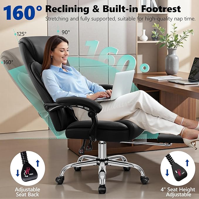 Big and Tall Office Chair 400lbs - Wide Memory Foam Seat with Spring Pack, Reclining Executive Desk Chair with Footrest, Ergonomic Heavy Duty High Back Computer Chair, Black