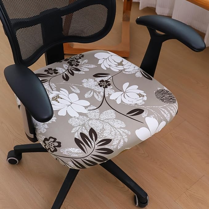 FORCHEER Waterproof Office Chair Seat Cover 20x20 Strechable Beige Floral Computer Desk Chair Seat Slipcover Washable Replacement 1 Piece