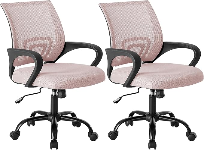 OLIXIS Office Desk Chair - Ergonomic Mid Back with Lumbar Support & Rocking Mode, Height Adjustable with Fixed Armrest, for Home, Computer, Gaming, Conference, Meeting Room, 360° Swivel, Pink, 2 Pack