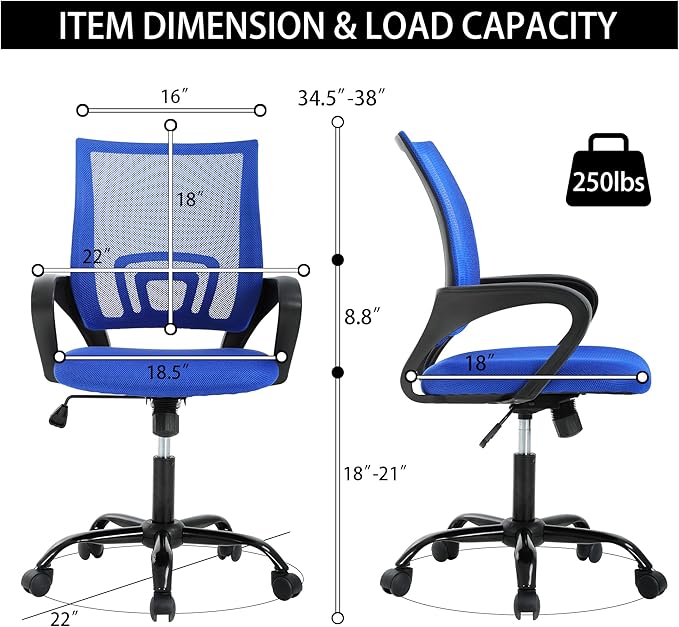 All-Day Comfort Office Chair - Breathable Mesh with Lumbar Support & Adjustable Height, Metal Base, Blue