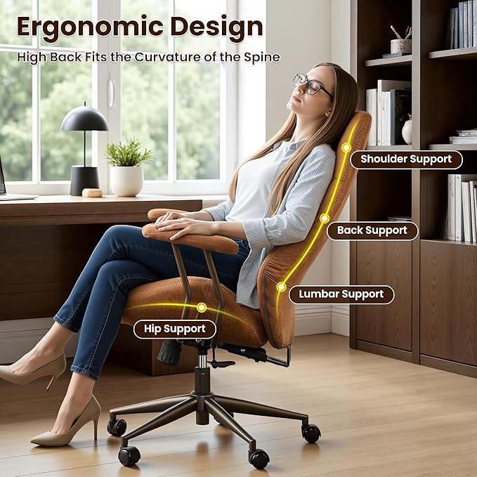 ovios Home Office Chair, Mid-Century Modern Faux Suede Leather Ergonomic Chairs, High Back Comfy Computer Swivel Rolling Task Executive Armchair, Brown