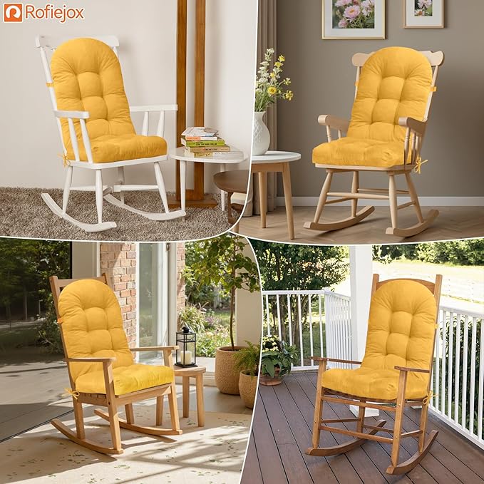Rocking Chair Cushion - Chenille Fabric, High-Density Sponge, Durable Comfort Non-Slip Bottom Tufted Seat Pads with Ties, Chenille︱Yellow, 44x19x4 inch