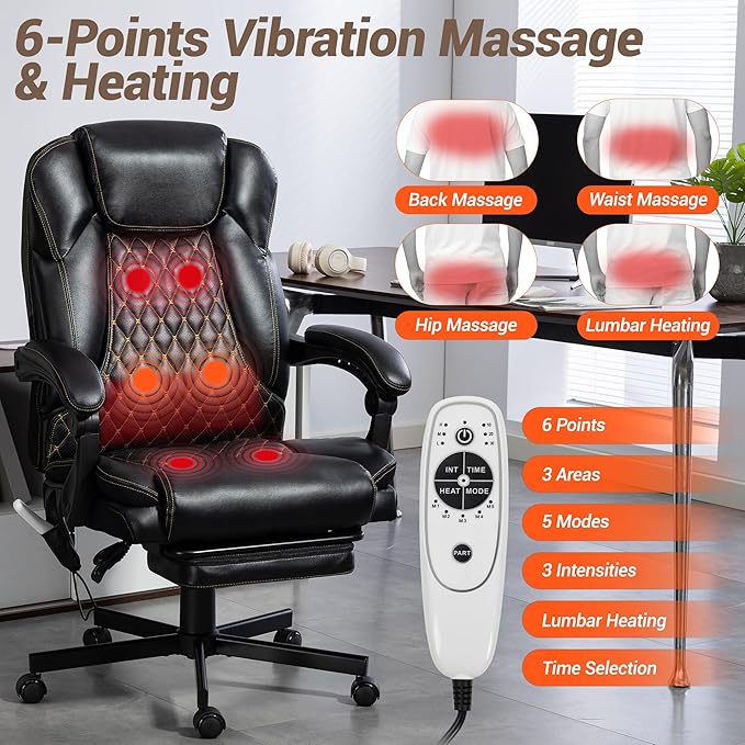 Massage Office Chair with Footrest, 6 Points Vibration Heating Executive Chair, Ergonomic Home Office Desk Chair with Linkage Armrest, Reclining Backrest, Lumbar Support, PU Leather, Black