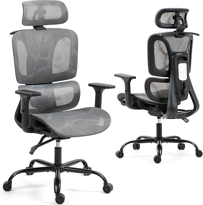 ECOTOUGE Ergonomic Office Chair, High Back Mesh Computer Chair with Lumbar Support, Adjustable Headrest & 3D Armrests, Reclining Desk Chair for Home, Gaming Chair for Adults, 330LBS Capacity, Grey