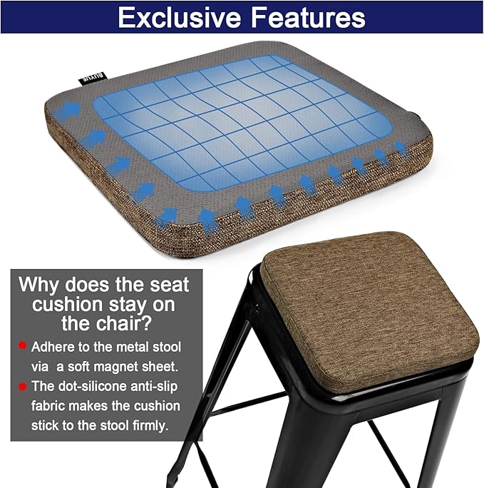 BUYUE Friendly Woven Fabric Magnetic Bar Stool Cushion 1 Piece, Enhanced Anti-Slip Breathable Small Chair Seat Pad for Café Bistro Stackable Metal Stool (Square, Brown, 1)