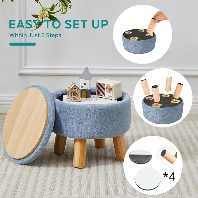 Small Foot Stool Ottoman with Storage, Soft Faux Fur Ottoman Foot Rest for Couch, Round Footstool with Storage, Small Ottomans and Footstools for Living Room and Entryway (Light Blue)