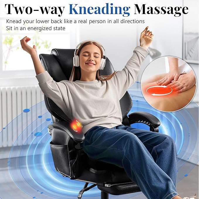 3D Kneading Massage Office Chair, Oversized 600LBS Big and Tall Executive Office Chair with Footrest, Reclining Computer Chairs, Wider Upholstered Seat Ergonomic Desk Chair for Home Office,Black