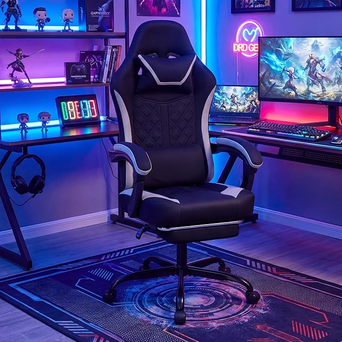 Goplus Gaming Chair, Ergonomic Office Chair with Foot Rest, Lumbar Support, Linkage Armrests, Detachable Headrest, 360°Swivel Computer Desk Chair w/Adjustable Backrest & Height, 330 lbs Capacity
