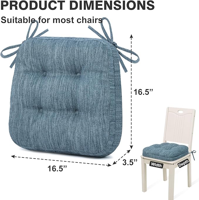 Shinnwa Kitchen Chair Cushions Set of 4, Dual-Layer Memory Foam Dining Chair Cushions, Patented Design Seat Pads with Ties, 16.5 x 16.5 x 3.5in, 4 Pack, Denim Blue