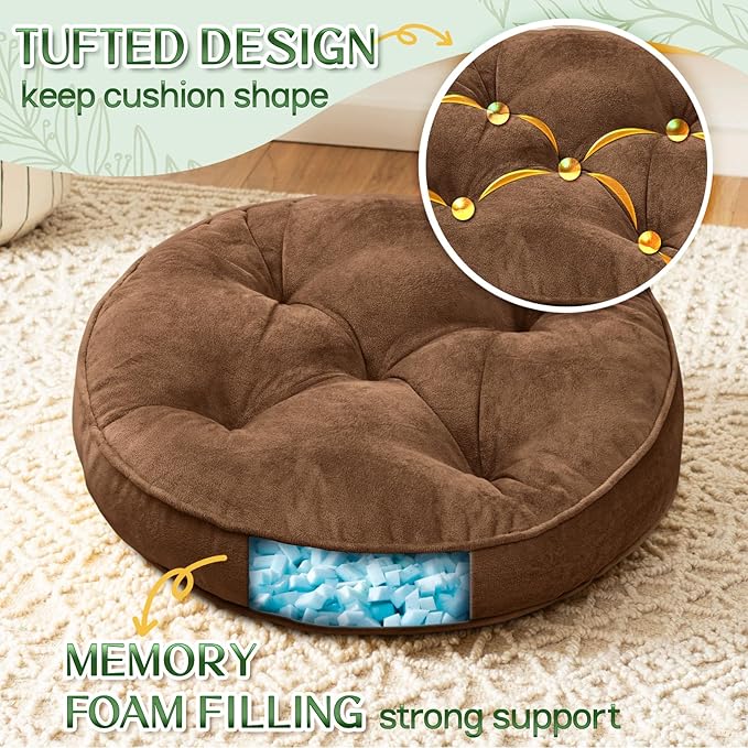 1 MIDDLE ONE Floor Pillow Set of 2, Memory Foam Meditation Cushion, Floor Cushions for Adults Sitting, Large Round Seat Cushions for Yoga, Living Room, 20x20 Inch (Round | Brown)