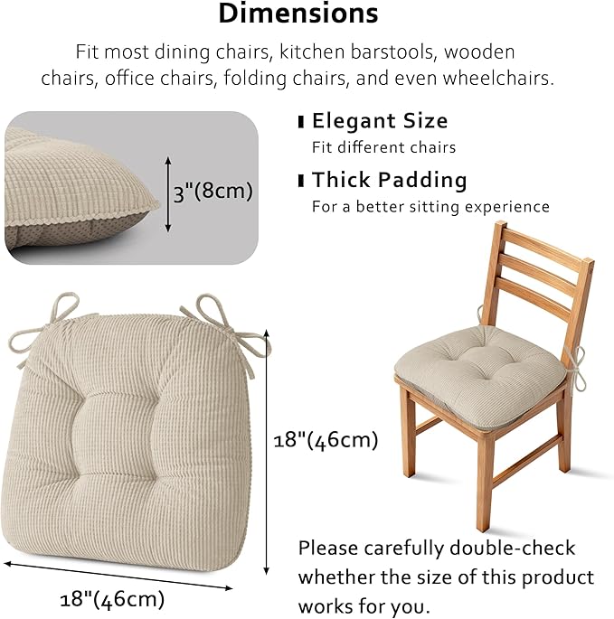 ELFJOY Dining Chair Cushions Set of 2 Thick Non Slip Kitchen Chair Pads with Ties Comfortable Indoor Kitchen Seat Cushions 18" x 18" x 3" Beige