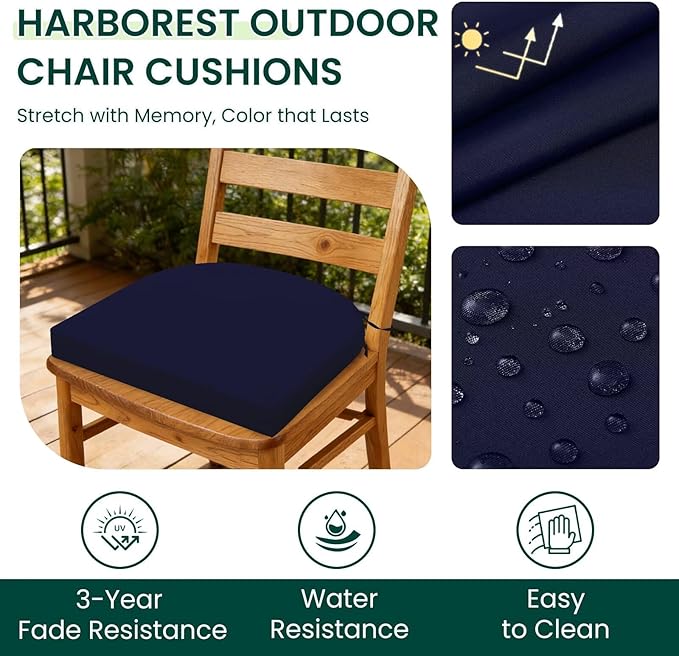 HARBOREST Outdoor Chair Cushions Set of 6, Water Resistant Patio Chair Cushions with Ties, Outdoor Seat Cushions for Patio Furniture, 17"x16"x2", Navy
