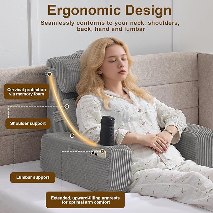 Reading Pillow for Sitting in Bed Adult, Back Pillow for Bed Sitting up with Arms, Pockets and Cup Holder, Sit Up Backrest Pillows for Beds Chair Support, Rest Pillow for Gaming
