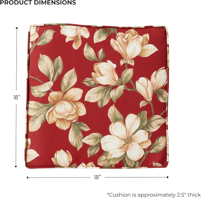 Outdoor 18 inch Square Patio Dining Chair Pads – Comfortable Fiber-Filled Seat Cushions with Ties, Reversible Polyester Fabric - Roma Floral, Set of 2