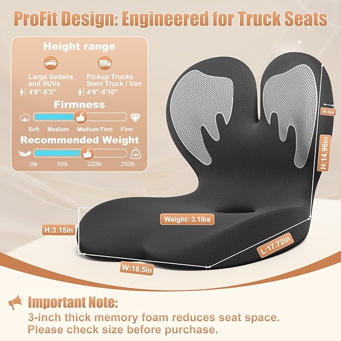 Car Seat Cushion with Lumbar Support for Long Driving Truck RV, Ergonomic Memory Foam Office Chair Cushion for Sciatica, Tailbone & Lower Back Relief, Ideal Gift for Drivers & Office Workers (White)