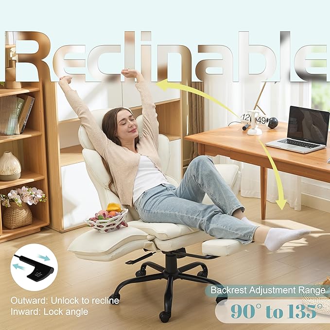 Big and Tall Office Chair, Flip Armrests Criss Cross Office Chair, Reclining Desk Chair with Foot Rest, Adjustable Headrest, Massage Waist Pillow Cross Legged Wide Seat Vanity Chair, PU Leather White