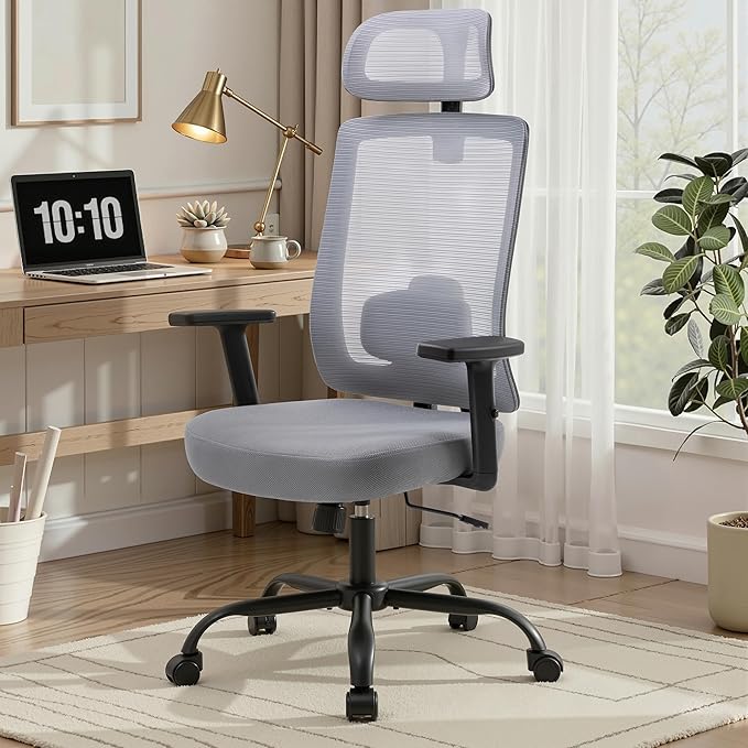 Ergonomic Office Chair, Office Desk Chair with High Back Mesh and Adjustable Lumbar Support, Rolling Work Chairs with Wheels and Adjustable Headrests, Wide Cushion, Grey