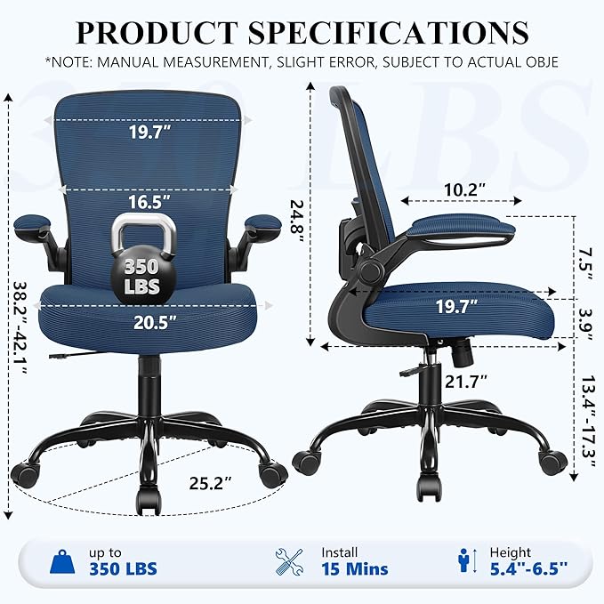 FelixKing Office Chair, Ergonomic Desk Chair Breathable Mesh Chairs Adjustable High Back Lumbar Support Flip-up Armrests, Executive Rolling Swivel Comfy Computer Chairs Home Office Navy