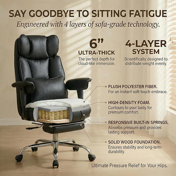 Efomao Big and Tall Office Chair 400lbs - Heavy Duty Reclining Desk Chair with Footrest, Spacious High Back PU Leather Executive Chair, Double-Layer Spring Support, Black