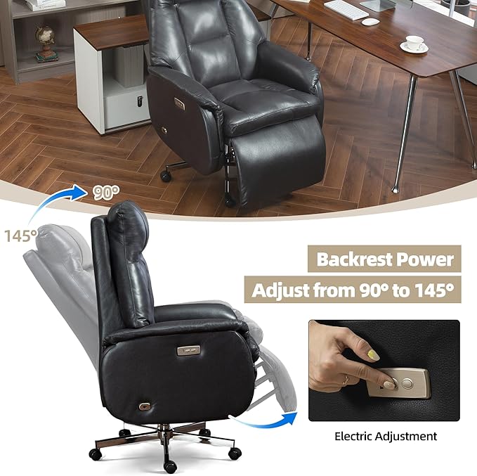 ECOTOUGE Power Office Chair with USB Charging, Recliner Executive Office Chair with Adjustable Footrest, Big and Tall High-Back Reclining Computer Chair, 400LBS Weight Capacity, Microfiber, Black