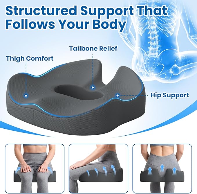 SweetSlubr Large Donut Pillow Seat Cushion for Hemorrhoid Discomfort&Tailbone Pressure, Office Chair Cushion for Long Sitting, Ergonomic Coccyx Pillow for Postpartum Pregnancy, Lifting Cushions, Grey